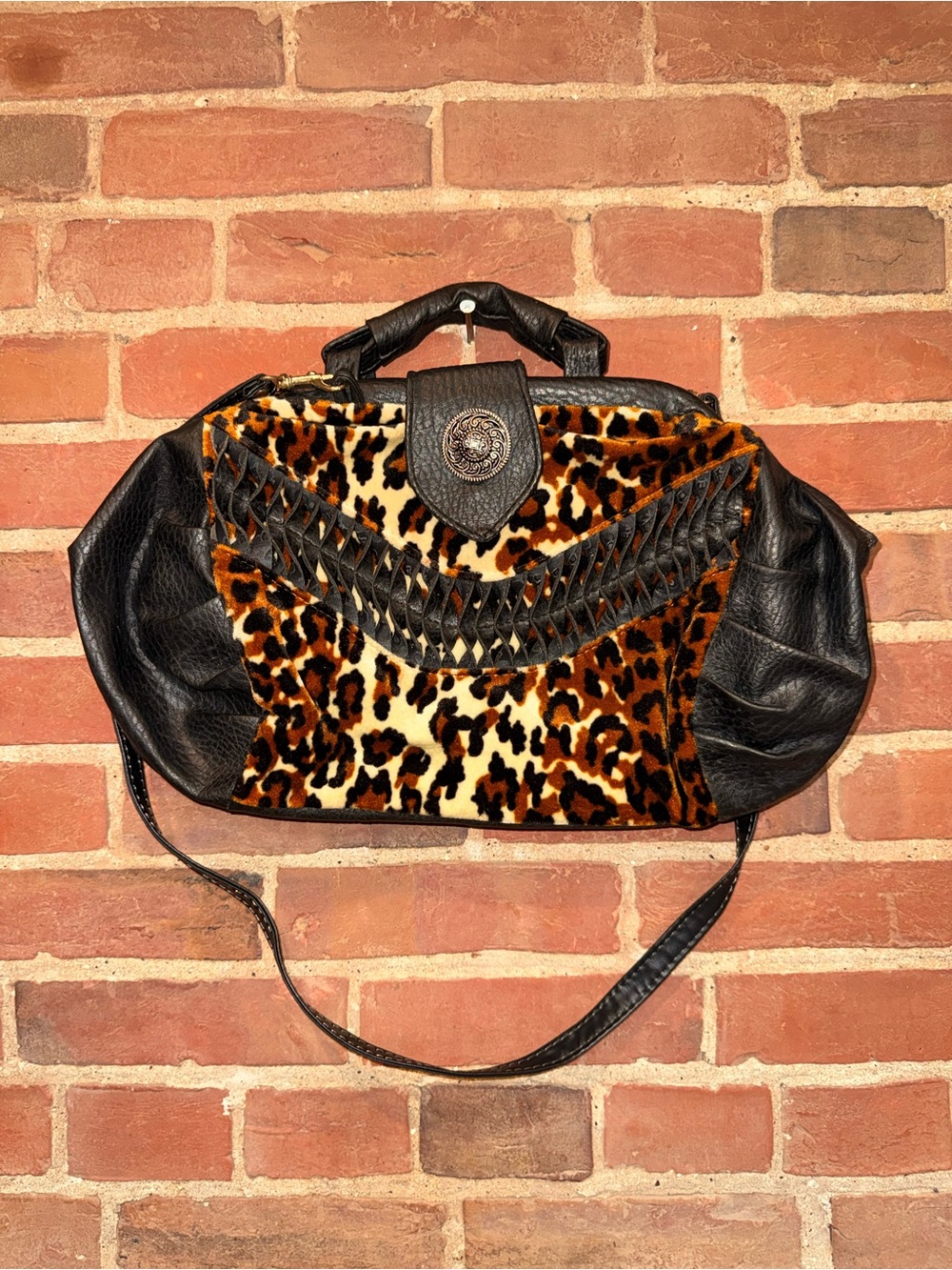 Vintage Leopard Print Faux Fur and Black Faux Leather Satchel - Women's Bag